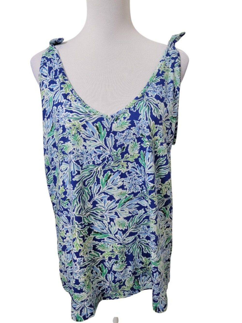 Stella Parker Size XL Blue & Green Tropical Botanical Print Tie Shoulder Top